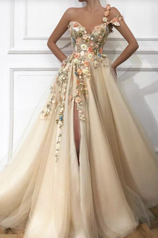 New Arrival One Shoulder 3D Floral Split Long Formal Prom Dresses Evening Fancy Dress