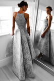 Spaghetti Straps Grey Lace High Low Long A Line Prom Dresses Formal Evening Gown Dress