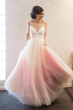 Fashion Spaghetti Strap Pink Ombre Tulle Elegant Long Prom Dresses Formal Evening Gown Dress