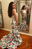 Two Piece White Lace Halter Printed Fabric Mermaid Long Prom Dresses Formal Evening Dress