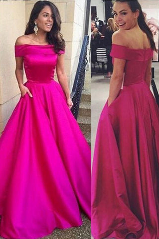Off the Shouder Hot Pink Satin Elegant Party Gowns With Pocket Prom Dresses