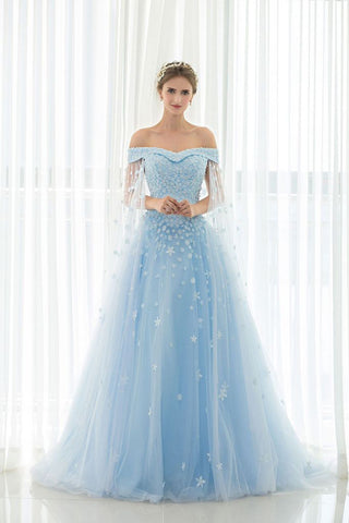 Off the Shoulder Sky Blue Appliques Long Formal Prom Dresses Evening Dress