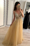 Open Back A Line Light Yellow Beaded See Through Long Formal Prom Dresses Evening Dress