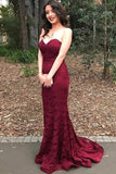 Burgundy Lace Strapless Mermaid Long Fashion Prom Dresses Formal Evening Party Dress