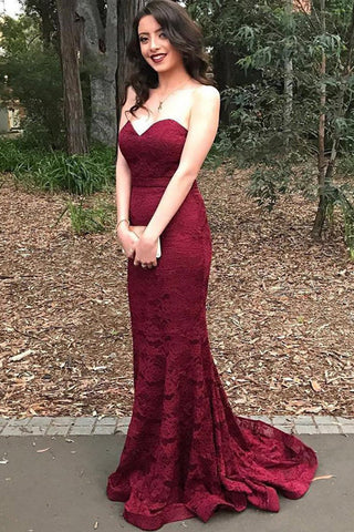 Burgundy Lace Strapless Mermaid Long Fashion Prom Dresses Formal Evening Party Dress