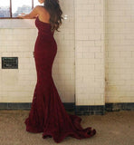 Burgundy Lace Strapless Mermaid Long Fashion Prom Dresses Formal Evening Party Dress