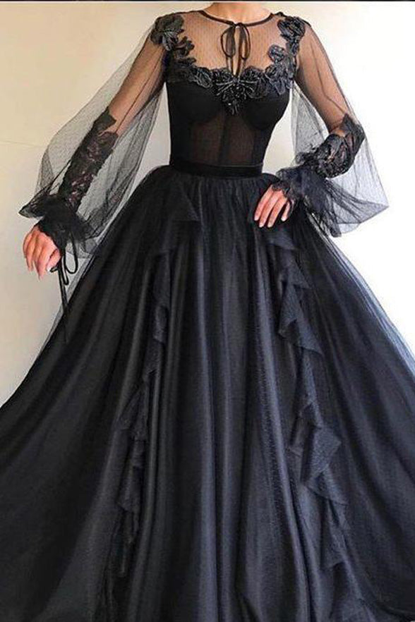 Long Sleeves Appliques Black Ball Gown Formal Prom Dresses Evening Grad Dress
