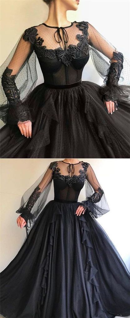 Long Sleeves Appliques Black Ball Gown Formal Prom Dresses Evening Grad Dress