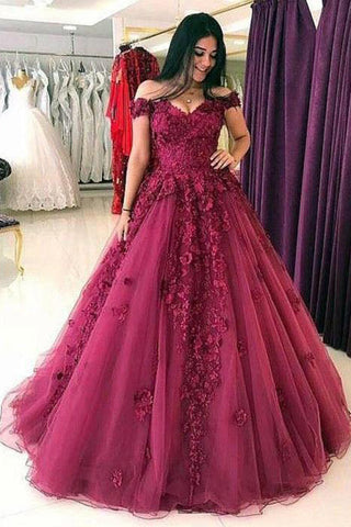 Burgundy Ball Gown Lace Appliques Off the Shoulder Formal Prom Dresses Evening Grad Dress
