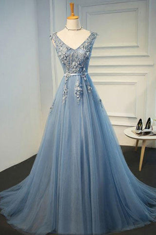 Fashion Top See Through Lace Appliques V Neck Long Formal Prom Dresses Evening Grad Dress