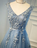 Fashion Top See Through Lace Appliques V Neck Long Formal Prom Dresses Evening Grad Dress