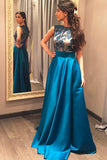 Blue Lace Charming High Neck Satin Long Evening Party Dresses Prom Dress