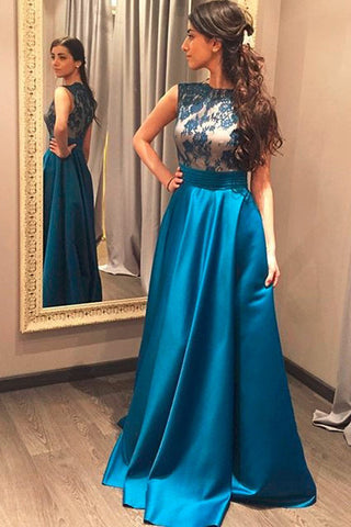 Blue Lace Charming High Neck Satin Long Evening Party Dresses Prom Dress