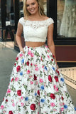 Two Piece Open Back White Lace Printed Flowers Fabric Formal Prom Dresses Evening Grad Dress