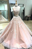 Two Piece Halter Backless White Lace Pink Long Formal Prom Dresses Evening Grad Dress