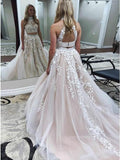 Two Piece Halter Backless White Lace Pink Long Formal Prom Dresses Evening Grad Dress