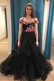 Charming 3D Floral Off the Shoulder Black High Low Formal Prom Dresses Evening Grad Dress