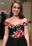 Charming 3D Floral Off the Shoulder Black High Low Formal Prom Dresses Evening Grad Dress