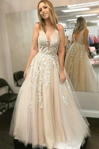 Fashion A Line Deep V Neck Lace Appliques Open Back Formal Prom Dresses Evening Grad Dress