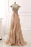 A Line Off the Shoulder High Low Beaded Chiffon Long Prom Dresses