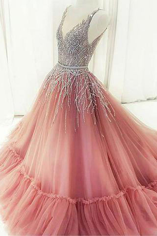 Heavy Sequins A Line V Neck See Through Long Formal Prom Dresses Evening Grad Dress