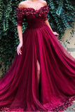 Luxurious Off the Shoulder Burgundy Hand Flowers Long Formal Prom Dresses Evening Grad Dress