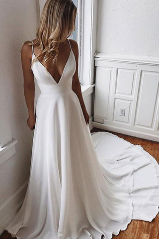 Fashion V Neck White Spaghetti Straps Lace Open Back Wedding Dresses Formal Prom Dress