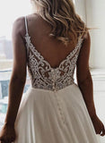 Fashion V Neck White Spaghetti Straps Lace Open Back Wedding Dresses Formal Prom Dress