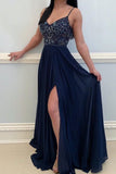 Spaghetti Straps A Line Navy Blue Beaded Long Prom Dresses Formal Evening Grad Dress