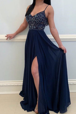 Spaghetti Straps A Line Navy Blue Beaded Long Prom Dresses Formal Evening Grad Dress