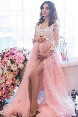 Charming Long Sleeves Pink Maternity Prom Dresses For Photograph Evening Dress