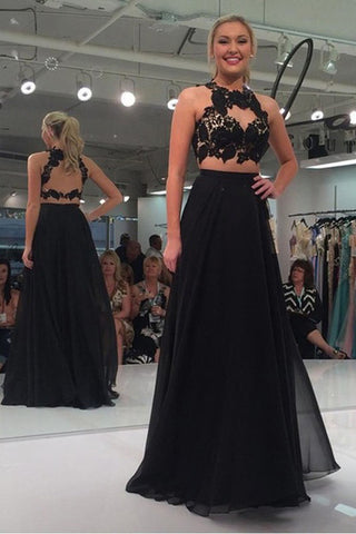 Open Back 2 Piece Black Lace Chiffon Sexy Party Dress Prom Dresses