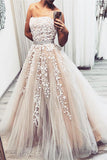 Fashion A Line Strapless Lace Appliques Beaded Formal Prom Dresses Evening Grad Dress