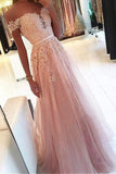 Off the Shoulder A Line Pink Lace Appliques Long Formal Prom Dresses Evening Grad Dress