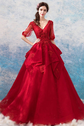 Chic Long Half Sleeves V Neck Red Lace Ball Gown Prom Dresses Formal Evening Dress