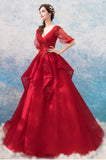 Chic Long Half Sleeves V Neck Red Lace Ball Gown Prom Dresses Formal Evening Dress