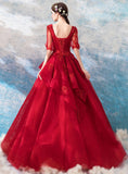 Chic Long Half Sleeves V Neck Red Lace Ball Gown Prom Dresses Formal Evening Dress