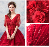 Chic Long Half Sleeves V Neck Red Lace Ball Gown Prom Dresses Formal Evening Dress