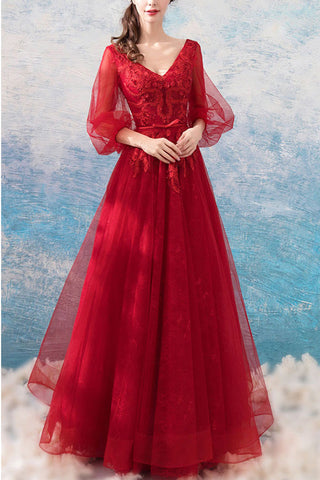 Fashion Long Sleeves Lace Red V Neck Prom Dresses Formal Grad Gowns Evening Dress