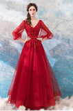 Fashion Long Sleeves Lace Red V Neck Prom Dresses Formal Grad Gowns Evening Dress