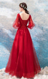 Fashion Long Sleeves Lace Red V Neck Prom Dresses Formal Grad Gowns Evening Dress