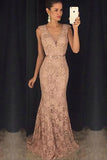 Beads Sexy Blush Pink Lace Mermaid V Neck Long Evening Gowns Prom Dresses