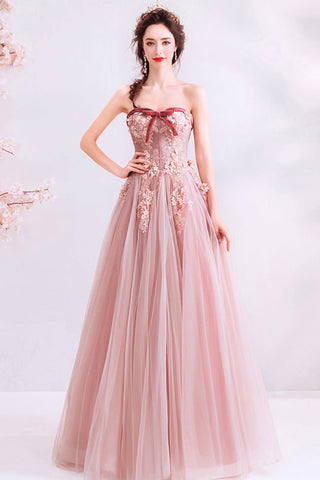 Charming A Line Strapless Plush Pink Lace Appliques Prom Dresses Formal Fancy Evening Dress