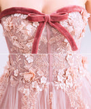 Charming A Line Strapless Plush Pink Lace Appliques Prom Dresses Formal Fancy Evening Dress