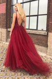 Fashion Open Back V Neck Burgundy Beaded Long Prom Dresses Formal Fancy Evening Dress