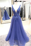 Fashion A Line V Neck Lace Appliques Blue Long Prom Dresses Formal Fancy Evening Dress