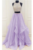 Chic Two Piece High Low Beaded Lilac Long Prom Dresses Formal Grad Gowns Evening Dress