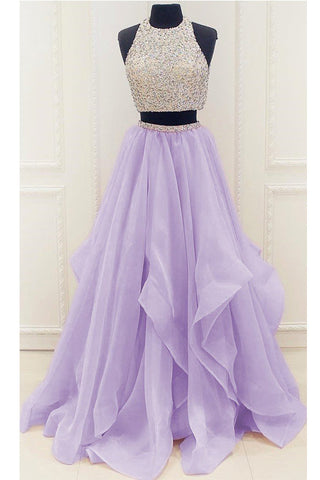 Chic Two Piece High Low Beaded Lilac Long Prom Dresses Formal Grad Gowns Evening Dress