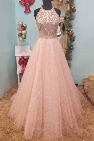 Halter A Line High Neck Beaded Pink Long Prom Dresses Formal Fancy Gowns Evening Dress