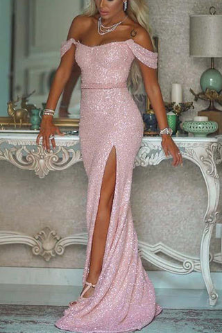 Shiny Pink Sequin Off the Shoulder Slit Mermaid Long Prom Dresses Formal Evening Dress